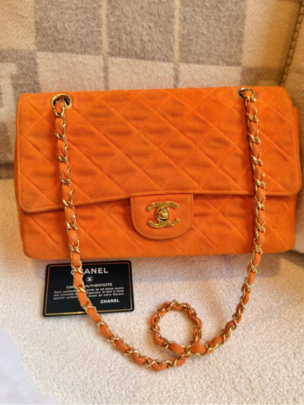 CHANEL Vintage Orange Denim Timeless Classic Medium Flap with 24K Gold Hardware